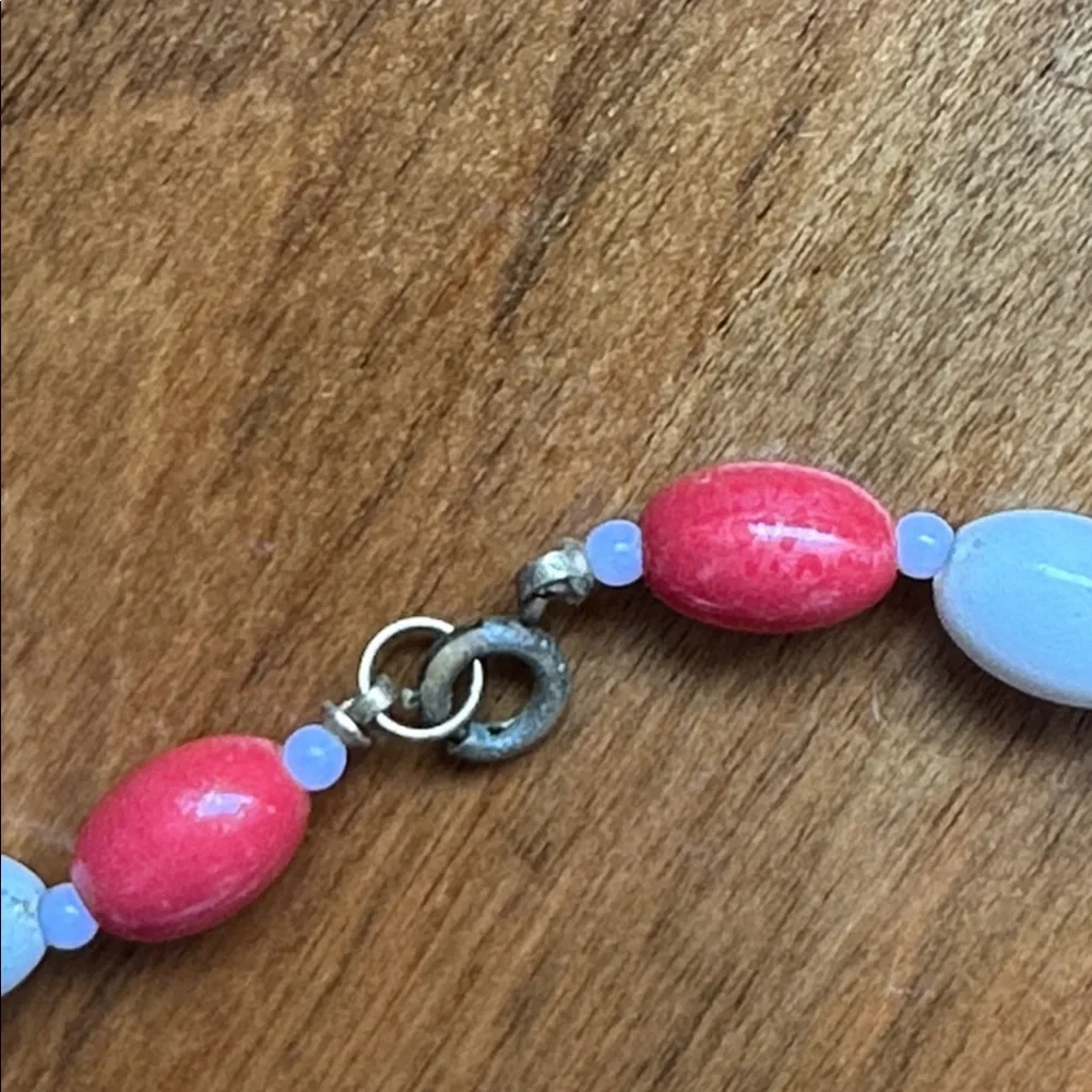 Vintage Mid Century Red,‎ White & Blue Long Oblong Bead Necklace